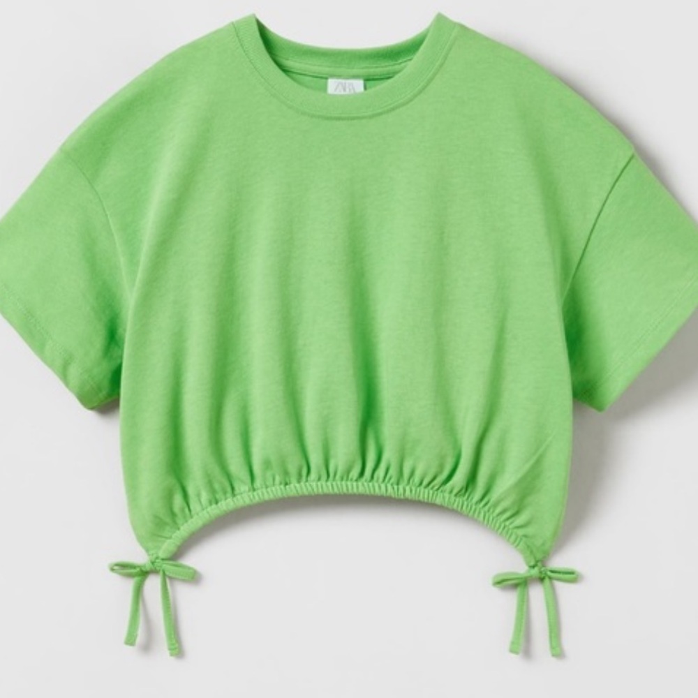 Zara Girl Neon Green Cropped T Shirt Tie Sides Elastic Waist